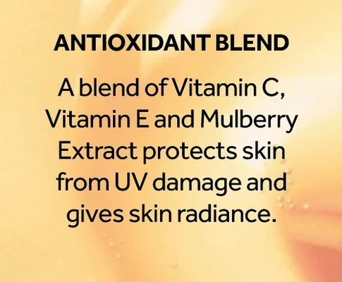 Antioxidant blend. A blend of Vitamin C, Vitamin E and Mulberry Extract protects skin from UV damage and gives skin radiance.