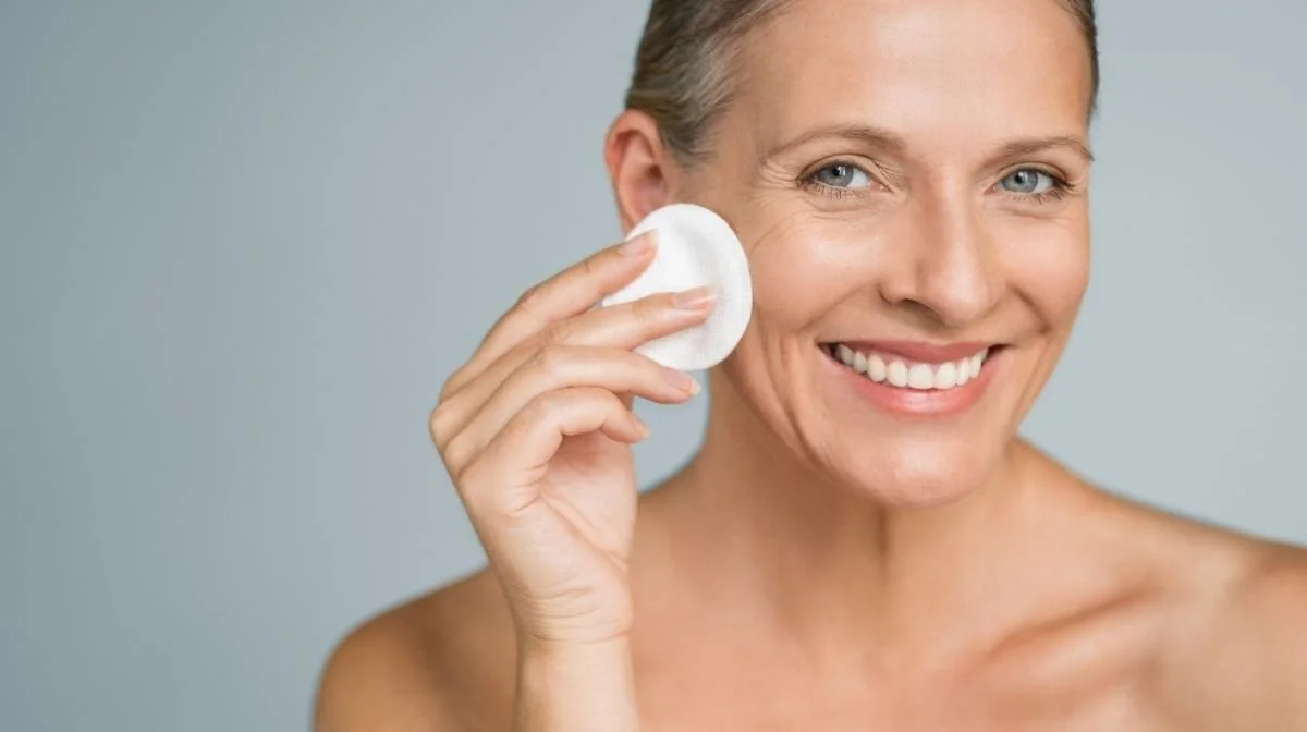 Woman using makeup pad on her face