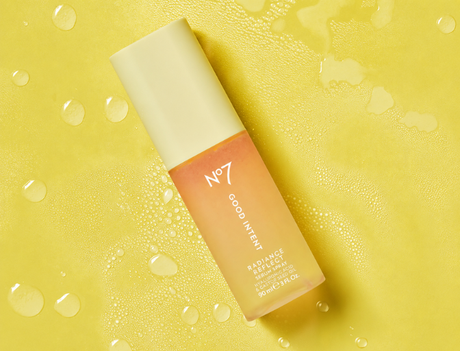 Close up photo of a model spraying the serum spray. Another close up photo of the product with its droplets next to it.