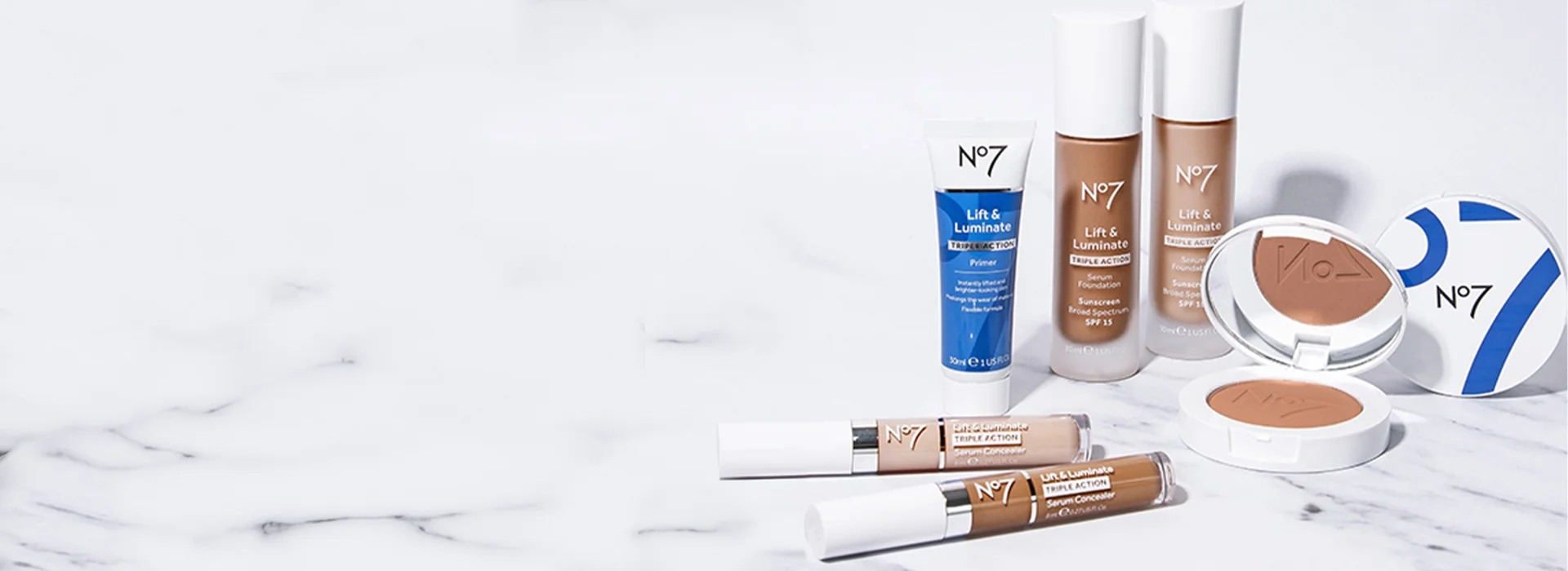 No.7 Best Sellers: Full 360 - Incredibles lashes, Lift and Luminate Triple Action Serum Foundation and no.7 Airbrush Away Primer
