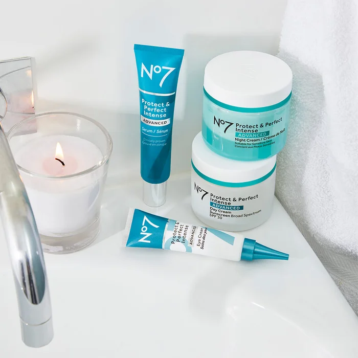 Protect & Perfect collection on a skin side with a candle and white background.