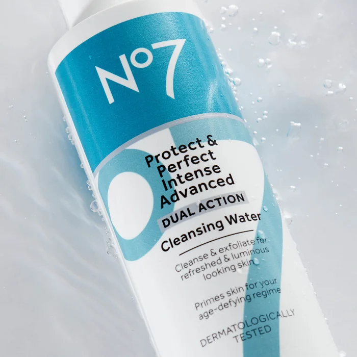 Protect & Perfect cleansing water in water with drops on top.