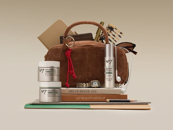 No7 Protect & Perfect Skincare Collection against a grey background too