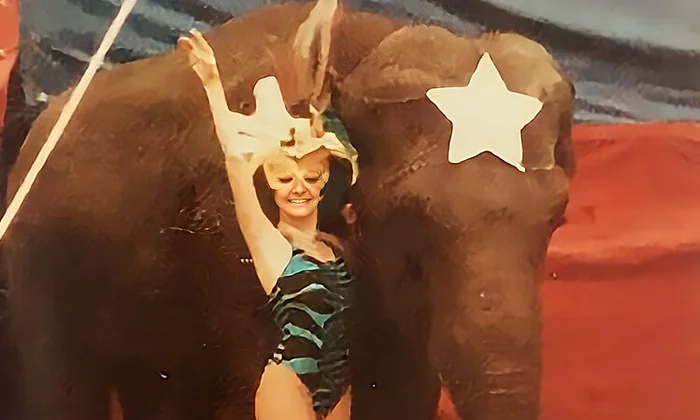 Sarah, Regional Education Manager – West Coast for No7, next to a circus elephant