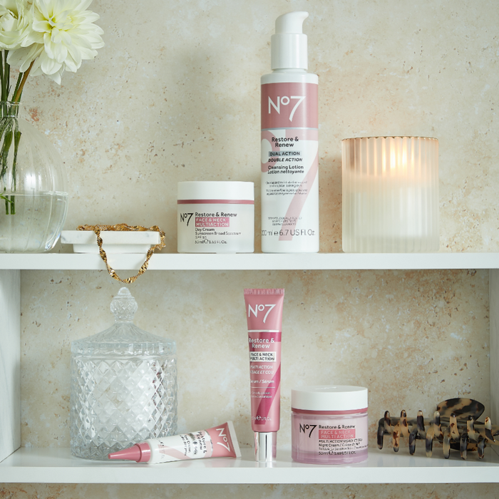 The No7 Difference. Restore and Renew collection on warm concrete shells.