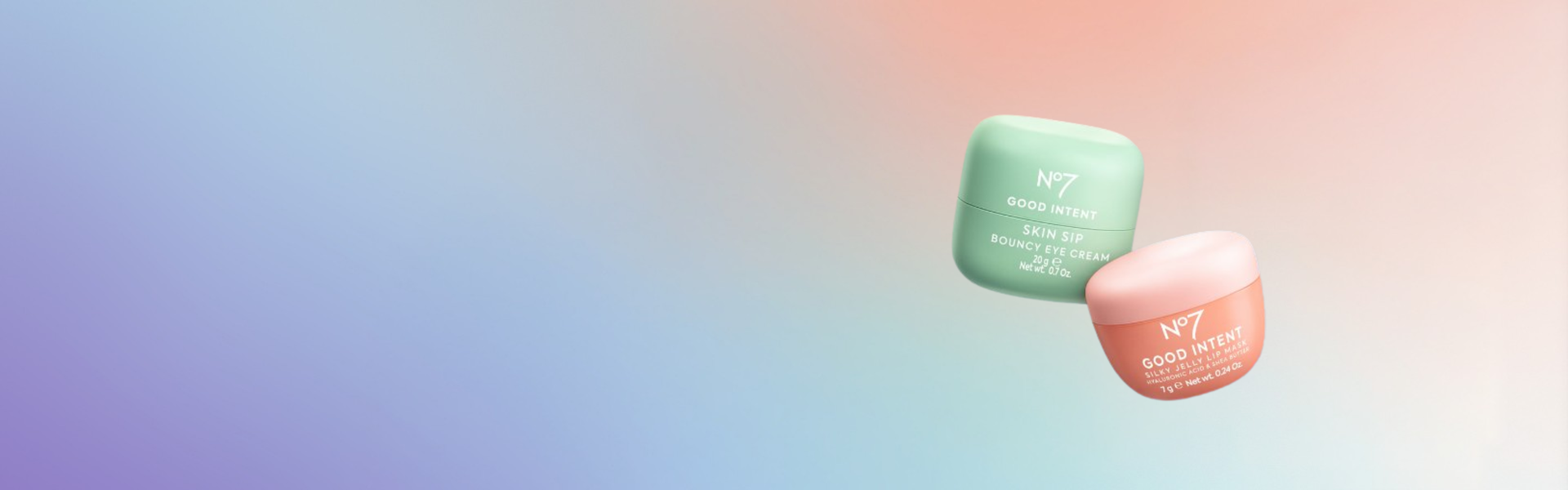 Photo of 6 Good Intent products on an ombre blue background with a mirror. Peach ombre background beneath text, which reads 'great skin starts with Good Intent. Shop now' Shop now is a button.